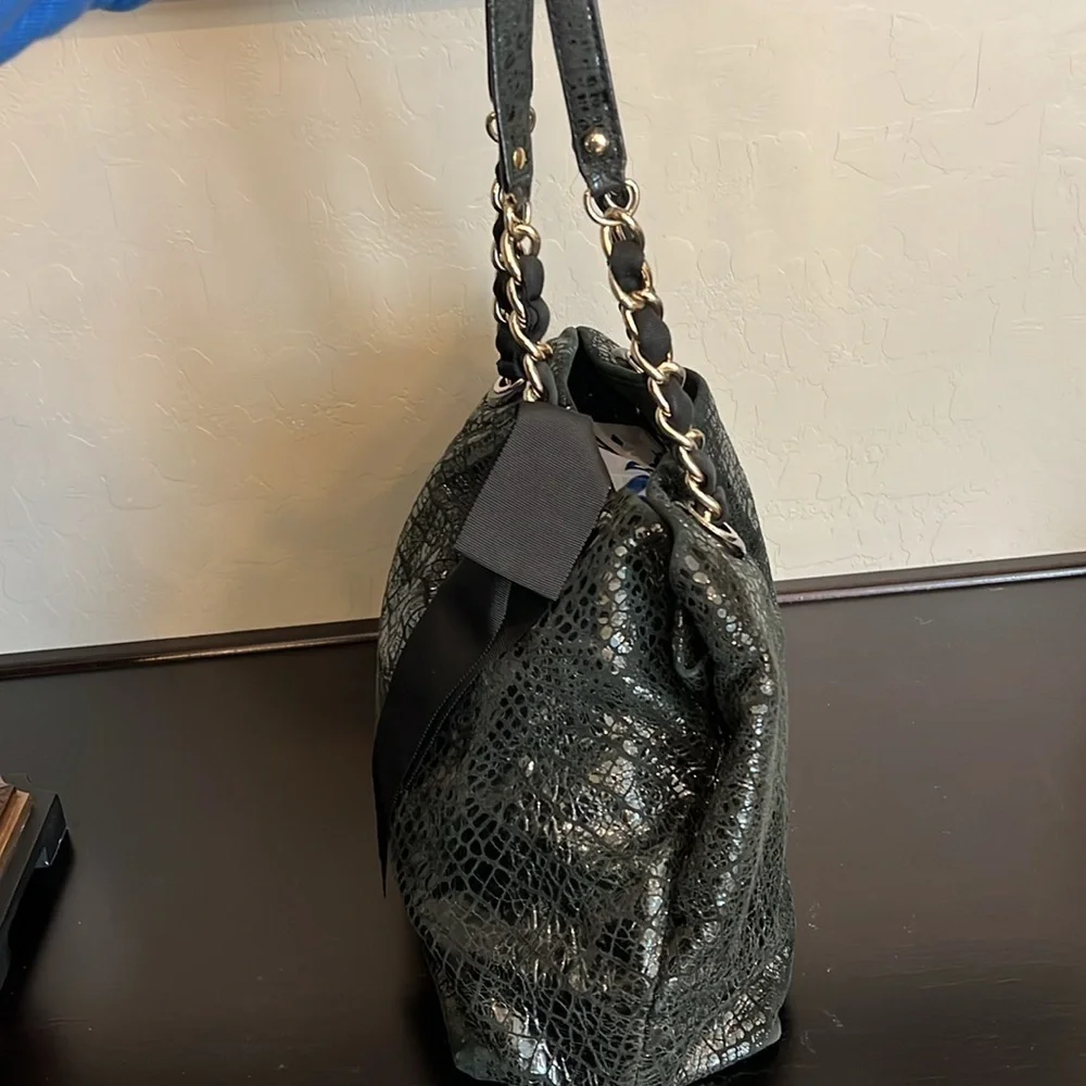 Kate Spade Y2K Black Patent Leather Croc Pattern Shoulder Bag Satchel Tote EUC
